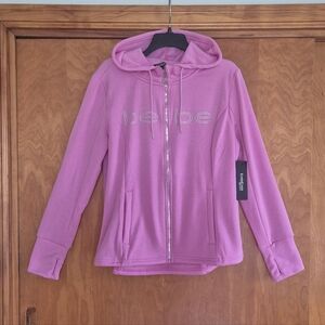 bebe Sweet Pink Silver Metallic Logo Hooded Zip Jacket, size L